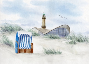 Postcard DIN-A6 Watercolor Maritime Art Print Baltic Sea lighthouse Warnemünde Rostock Ocean Dunes teapot beach chair WA6
